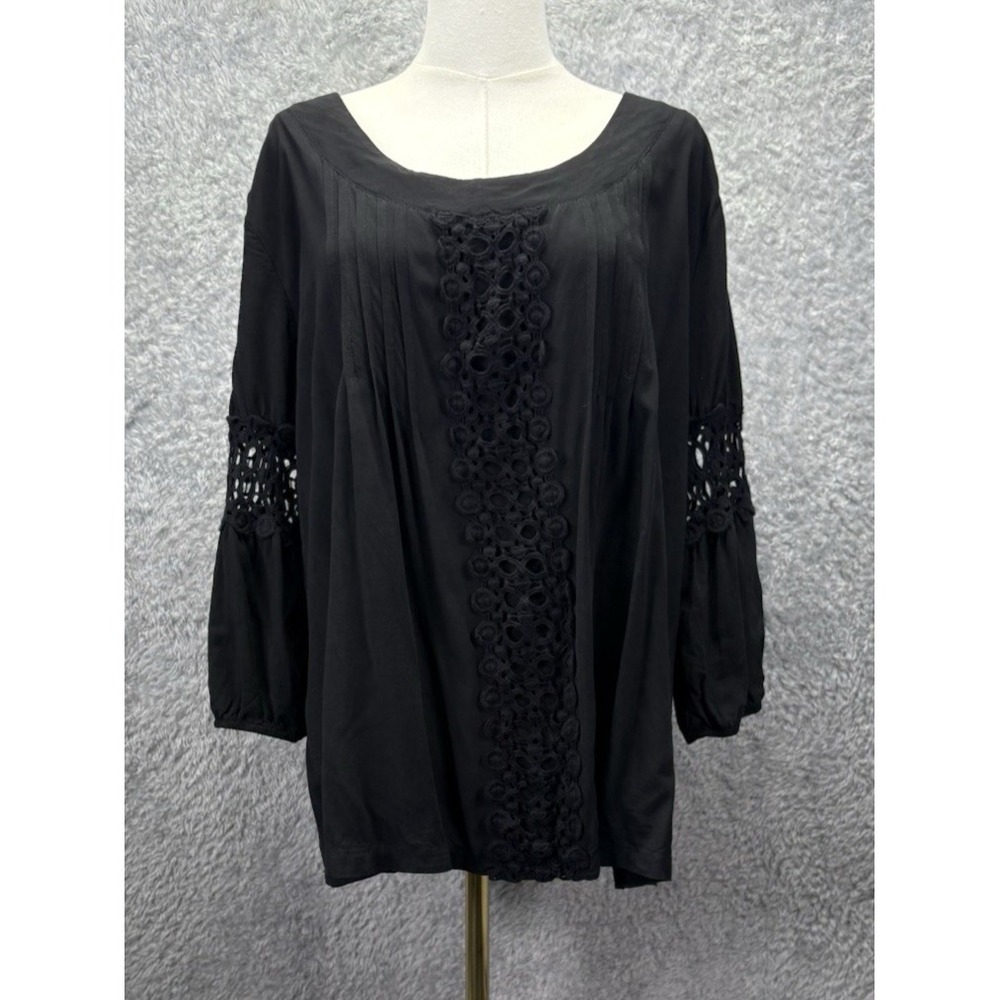 Solitaire Womens 2X Black Crochet Lace Rayon Peasant Blouse Boho Tunic Top